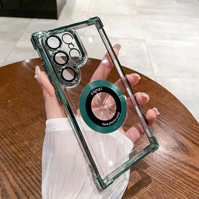 Suitable for Samsung S24ultra Phone Case, Four-corner Airbag Drop Protection S23+ Electroplated Magnifying Glass Magnetic Attraction S22 Transparent