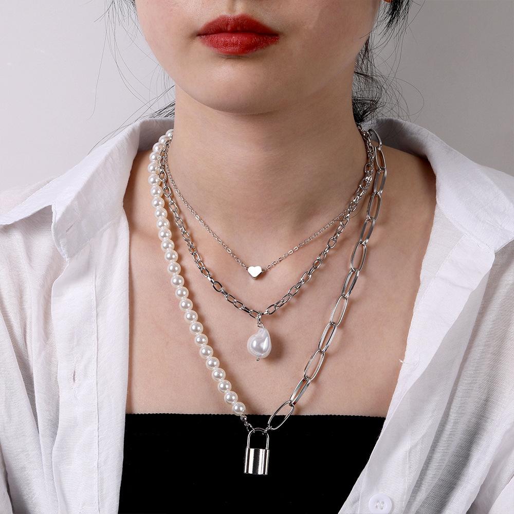 Multi-layer Necklace Female, Creative Retro Simple Octagram Lock Pendant Thick Chain Necklace