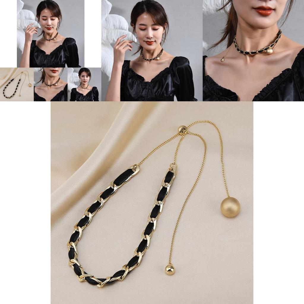 Elegant European Retro Black Handmade Woven Pearl Necklace For Women With Butterfly Bow Design