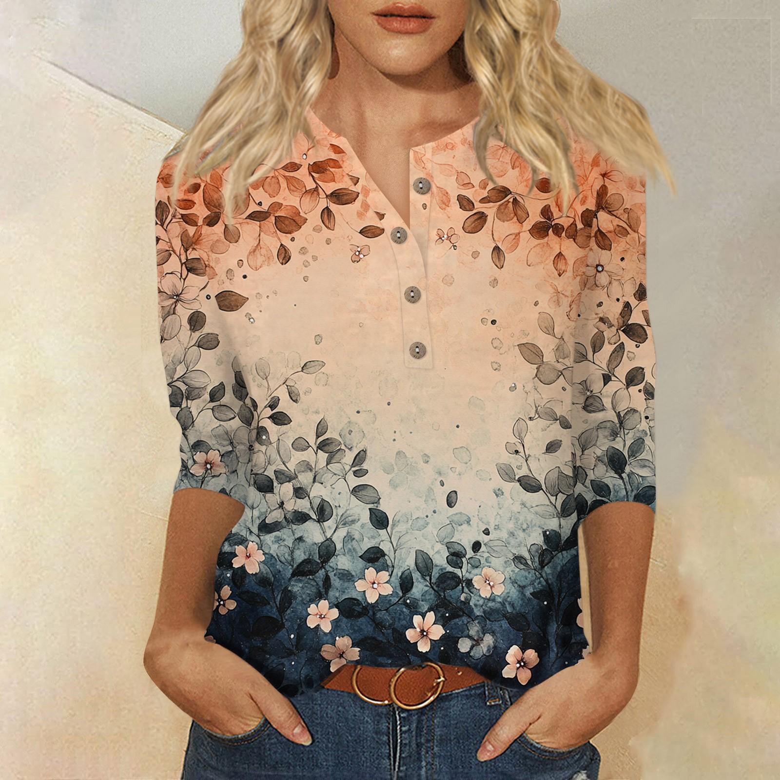 

Женский свободный повседневный топ с рукавом семь четвертей и цветочным принтом с круглым вырезом на пуговицах XL шафрановый