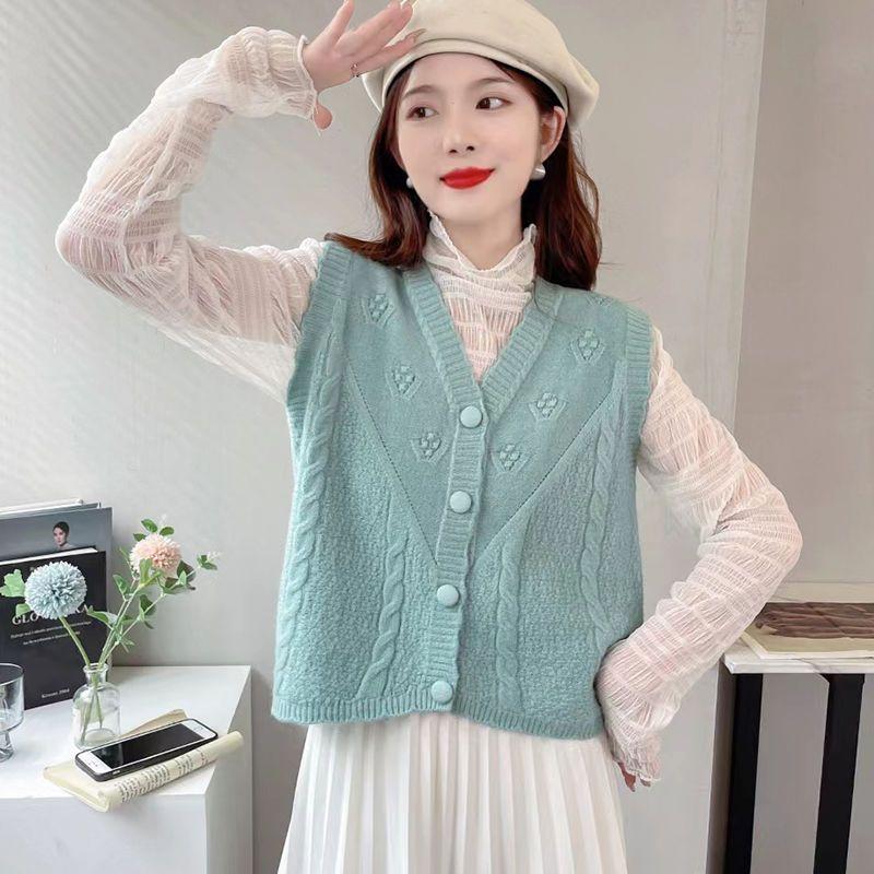 Women's Autumn and Winter Sleeveless Cardigan Fashionable Twist Stitch V-Neck Short Knitted Vest Versatile Sweater Gilet