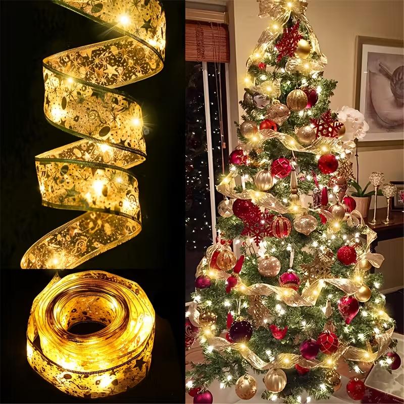 Christmas Ribbon Fairy Lights Home Decor 2025 DIY Bow String Lights Tree Ornaments Christmas Decorations New Year 2026