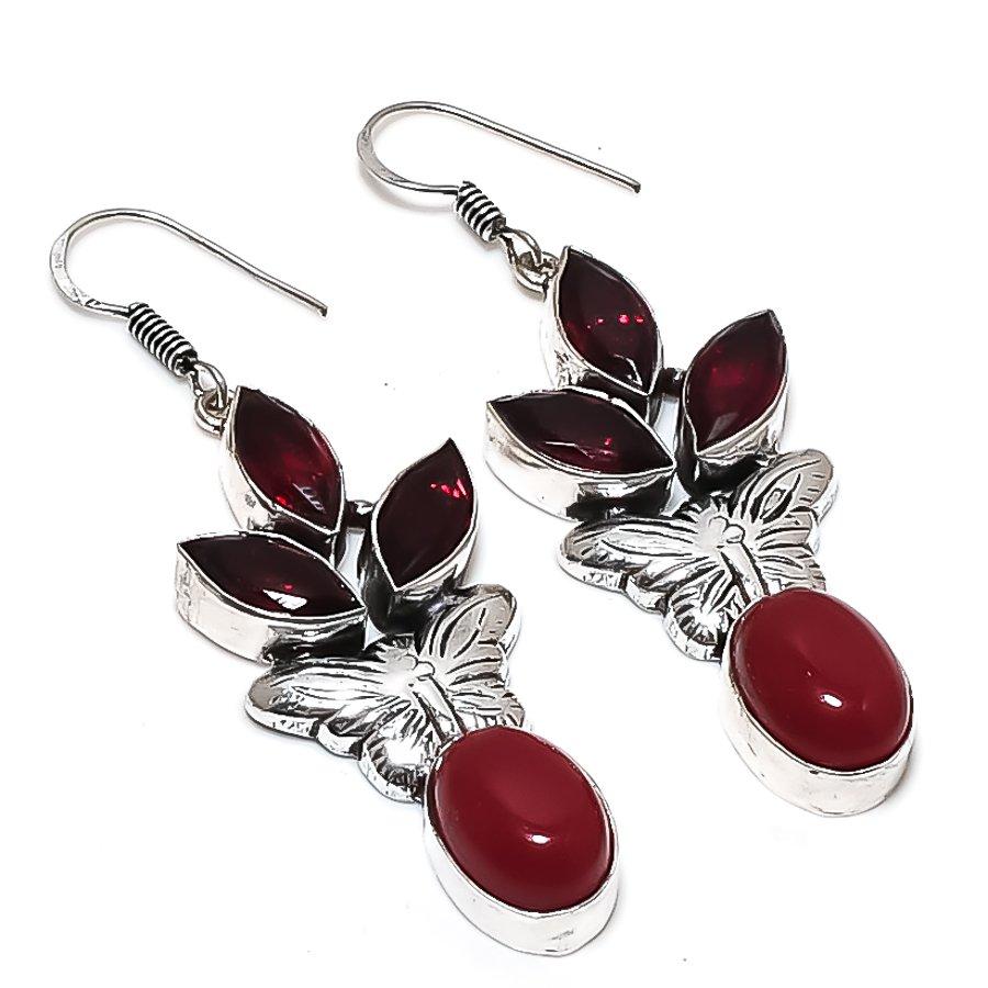 Natural Italian Red Coral, Garnet 925 Sterling Silver Jewelry Earring 2.48" o9V72