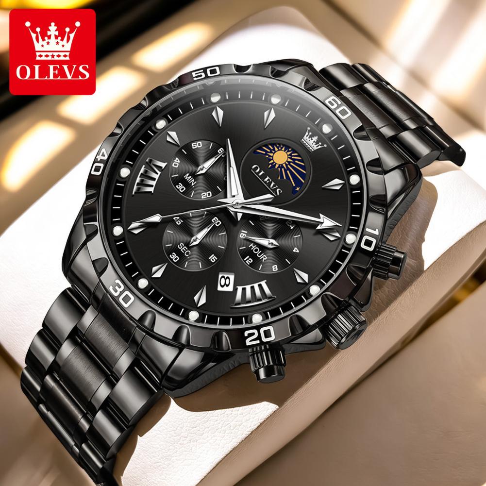 OLEVS Men's Quartz Watch Luxury Original Solid Steel Strap 24Hour Moon Phase Chronograph Waterprof Luminous Watch for Man 2949