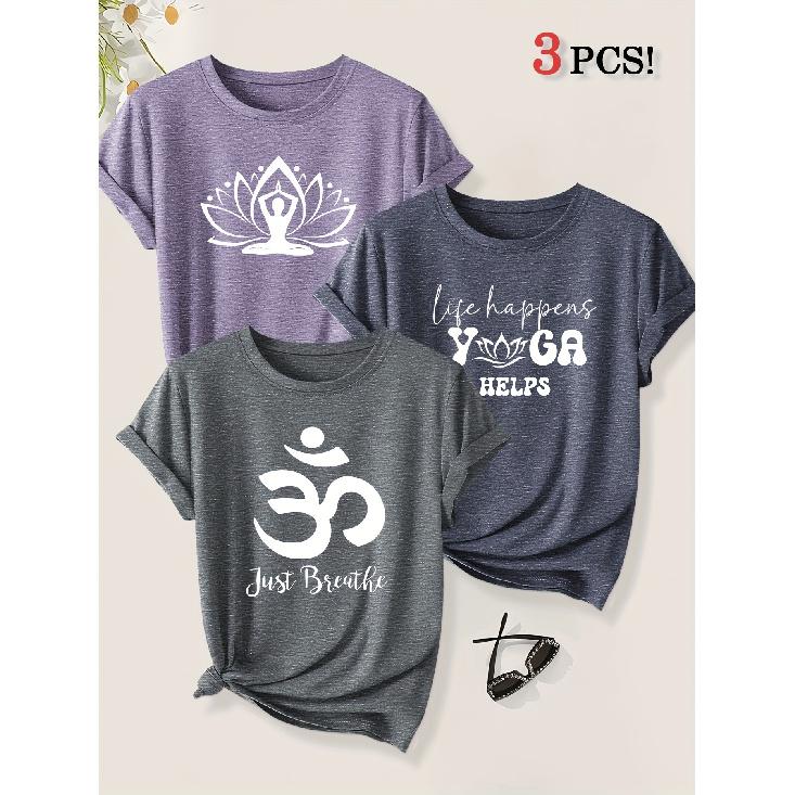 3er-Pack Yoga Meditation Figur Lotus Symbol Aufdruck Damen Kurzarm T-Shirts Sommer Herbst Sport Urlaub Freizeit Oberteile