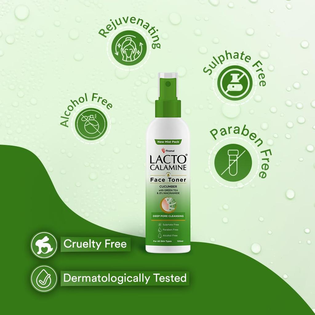 Lacto Calamine Cucumber Face Toner 120ml Pack of 1 | Deep Pore Cleansing & Pore Tightening With Green Tea