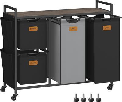 Panier à linge à 4 compartiments, Trieur à linge de 150 L, Chariot à linge à roulettes avec étagères, Sacs amovibles, 6 étiquettes, Marron châtaigne