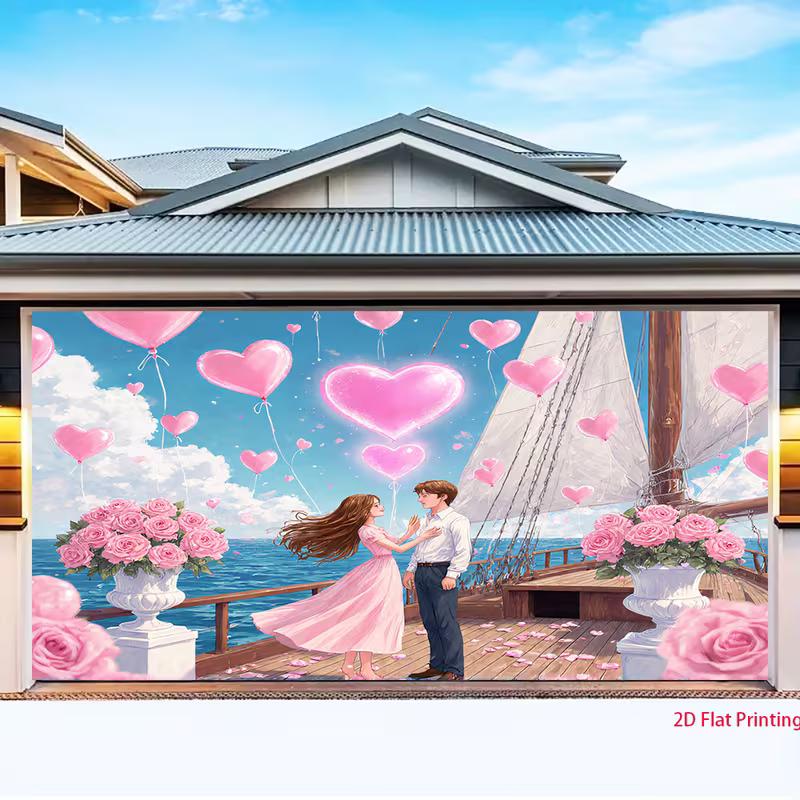 Dreamy Valentine Sailboat Tapestry, Anime Couple on Deck with Pink Heart Balloons and Ocean View, Sweet Romantic Wall Art