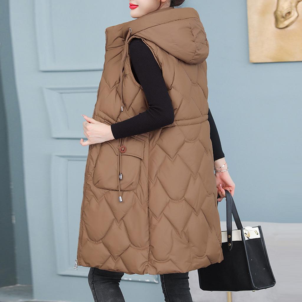 Women's Long Vest Plain Sleeveless Hood Winter Vest Outwear Jacket Lightweight Warm Coat Outerwear