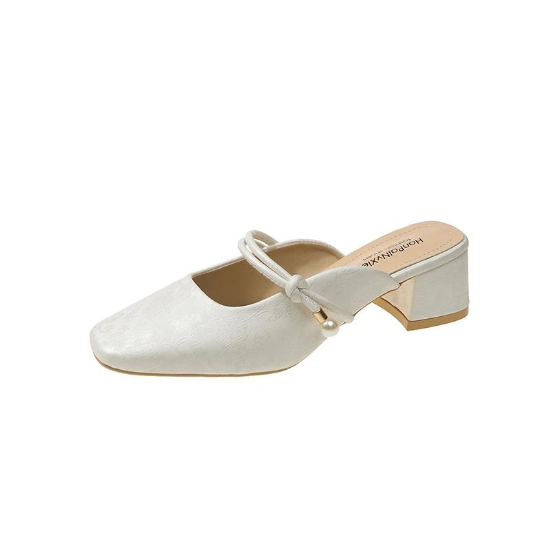 Baotou Half Slippers Female Summer Outdoor Slides Square Toe Chunky Heel High Heels Sandals Mule Slippers Pearl Decor Dress Shoe