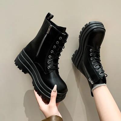Botas de Plataforma con Tacón para Mujer Otoño 2024 Punta Redonda Punk Casual Motocicleta Cremallera Botas para Mujer Gótico Cuero PU Zapatos Gruesos