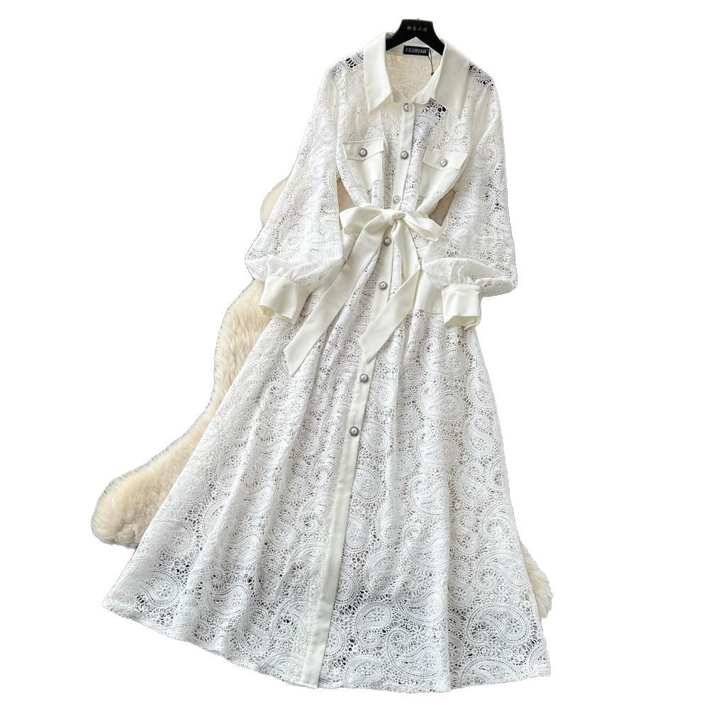 French Romantic Style Stand-up Collar, Lantern Sleeve, Lace Dress, Women's Summer Waist and Thin A-shaped Long Dress, Elegant Temperament