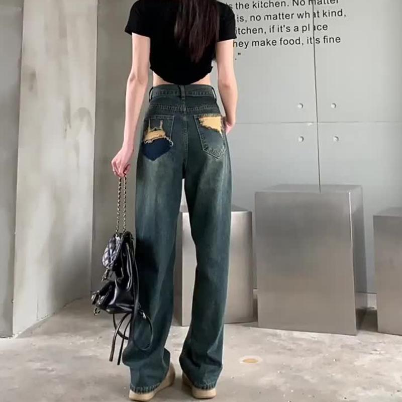 Spring and Autumn Women's  Wide Leg Jeans High Waisted Contrasting Straight Leg Pant Lady Loose Pants Streetwear