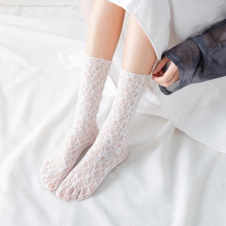 

Женские летние носки до середины икры из сетчатого кружева - Милый японский стиль JK, Дышащие, Тонкий черный шелк. White Plain
