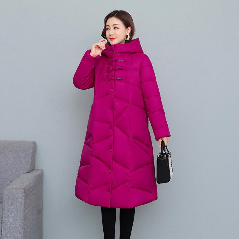 Dámský zimní kabát s kapucí, dlouhý po kolena