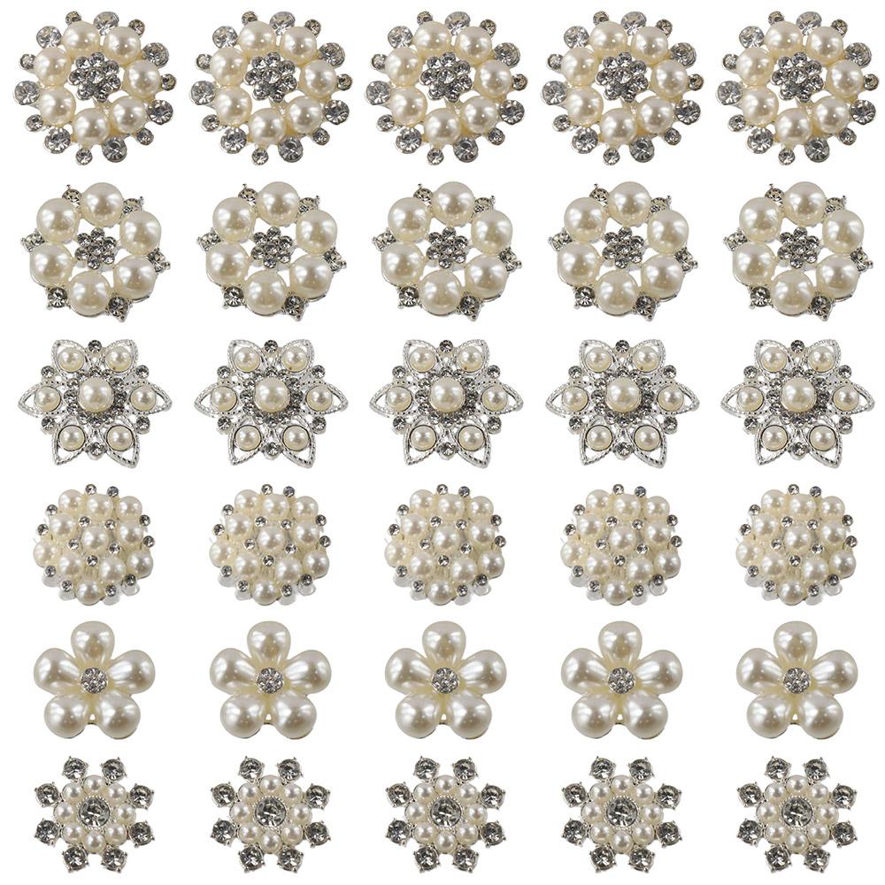 30 PCS DIY Craft Flower Pearl Brooch Buttons Faux Pearl 6 Styles Sparkly Buttons Round Rose Flower Pearl Buttons Home Decoration