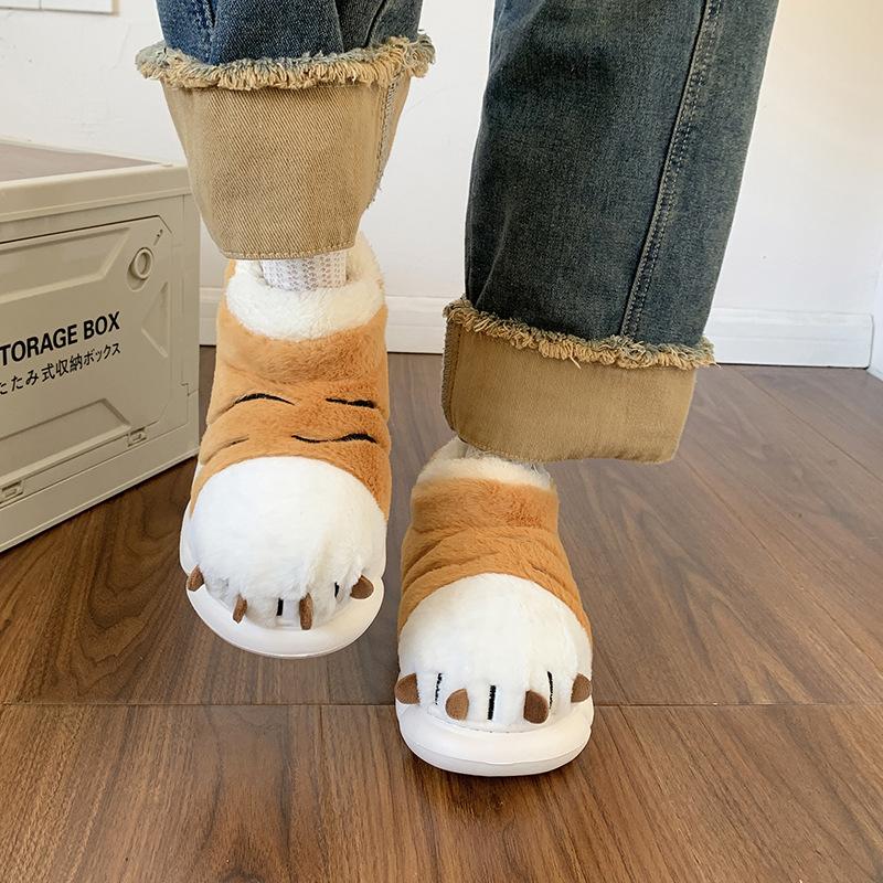 Fashion Cute Cartoon Fluffy Slippers For Women Men Winter Warm Shoes Indoor Home Floor Style Soft Plush Tiger Paw Couples Cotton Slipper