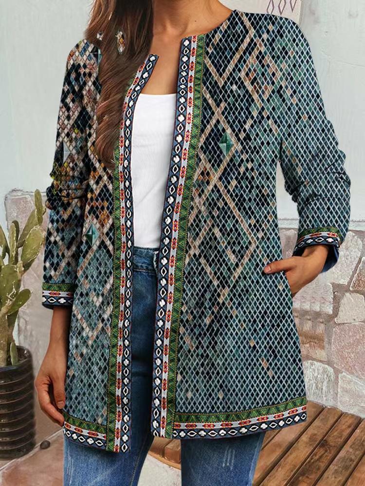Women's Crew Neck Long Sleeve Cardigan Oversized Vintage Ethnic Print Plus Size Open Front Jacket Casual Outerwear