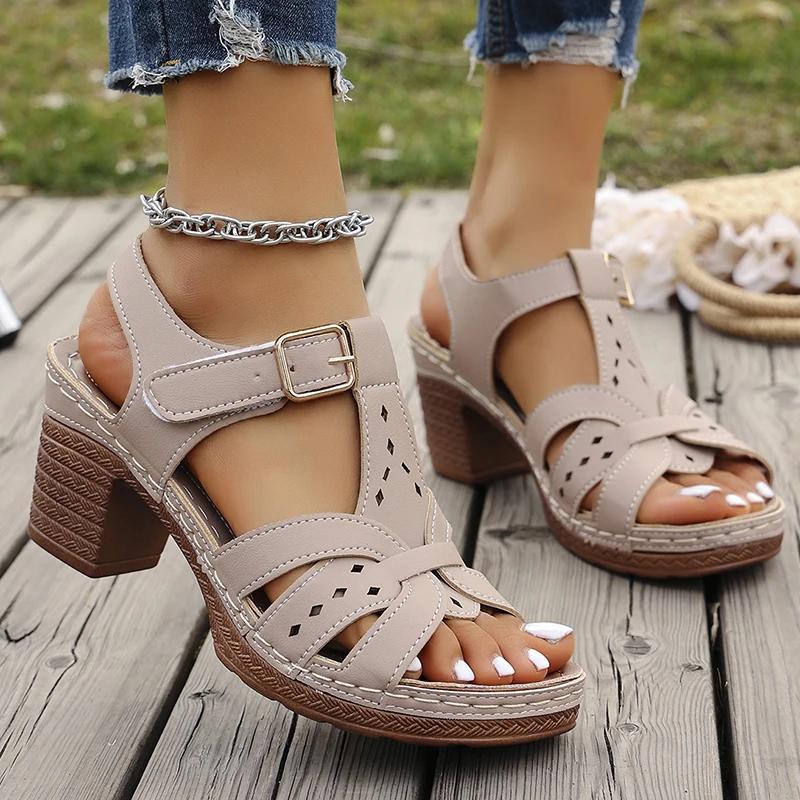 Fashion Lightweight Thick High Heels Sandals Women Plus Size 36-43 Summer Rome Shoes Woman Ankle Buckle Open Toe Beach Sandles Female