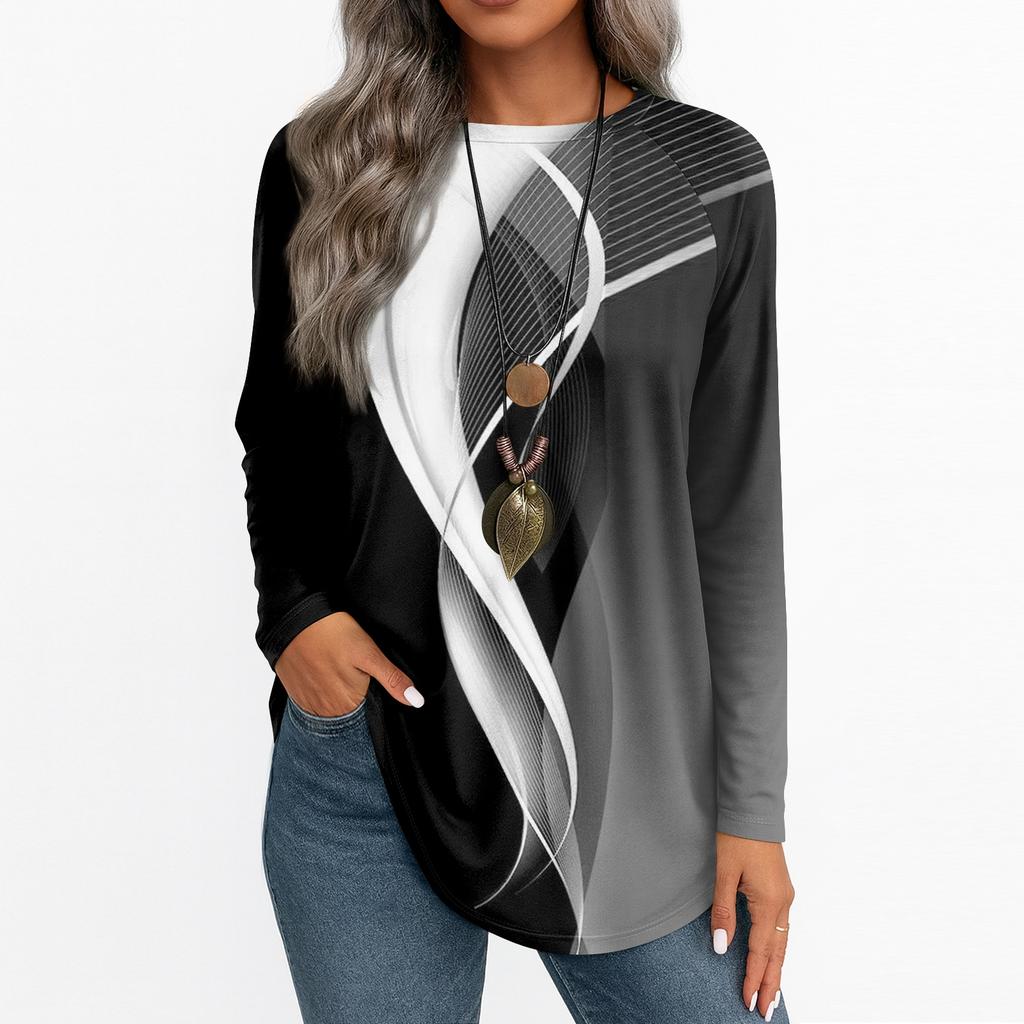 Women's Casual Plus SizeLong Sleeved Round Neck Vintage Ethnic Printing T-shirt Top Pullover