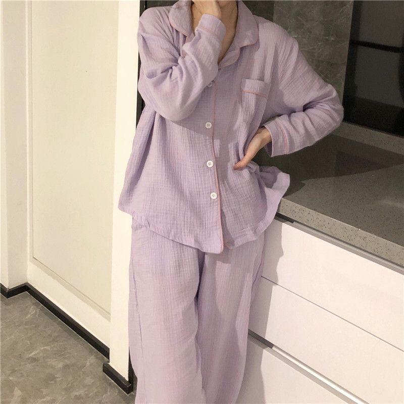 Autumn Women's Long-Sleeved Pajamas Homewear Set of Sweet Girls Long Trousers Pajamas Bubble Cotton Casual Homewear