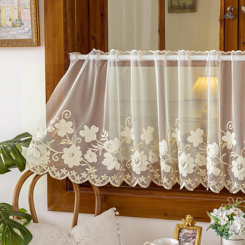 VOGOL Beige Sheer Lace Valance, Floral Embroidered Short Curtain for Kitchen Window, Grommet Rustic Farmhouse Window Topper for Bathroom & Living
