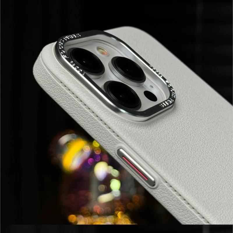 Luxury Metal Camera Protection Leather Texture Case for iPhone 15 14 Plus 13 12 16 Pro Max Soft Silicone Matte Shockproof Cover