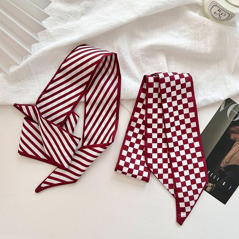 Luxury  Scarf Red Stripe Printing Women Scarf Bag Hair Skinny Silk Scarves Lady Foulard Neckerchief Headband