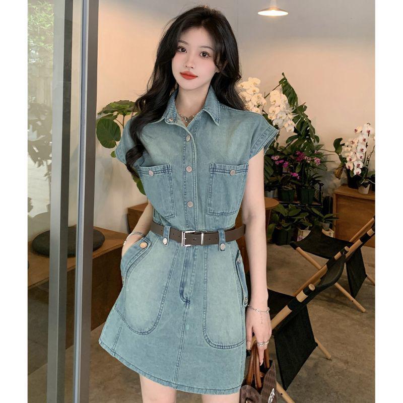 Women's 2026 Hong Kong Style Sleeveless Denim Dress - Slimming Waist Summer Fashion