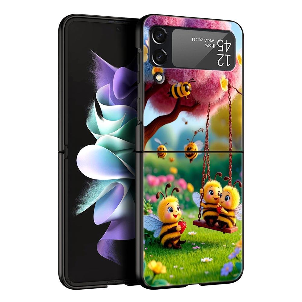 Honeybee Flower Pattern Hard PC Phone Case For Samsung Galaxy Z Flip 7 6 5 4 Black Cover For Galaxy Z Flip 3 Foldable Shell Bags