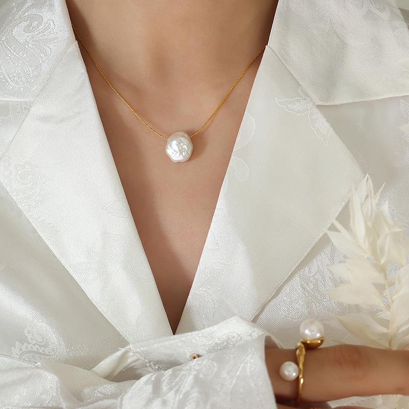 Trendy Baroque-Style Irregular Bead Necklace for Women - Non-Fading Titanium Steel Choker