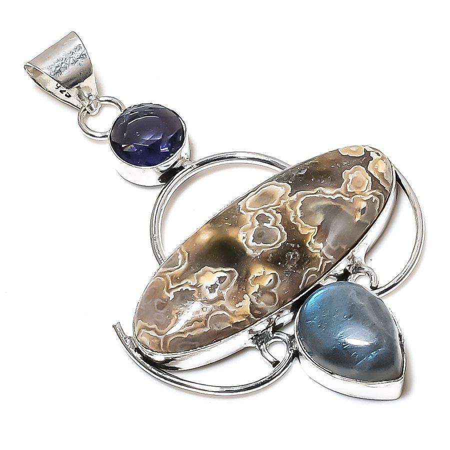 Tube Agate, Iolite Gemstone 925 Sterling Silver Jewelry Pendant 2.80" SU-6888