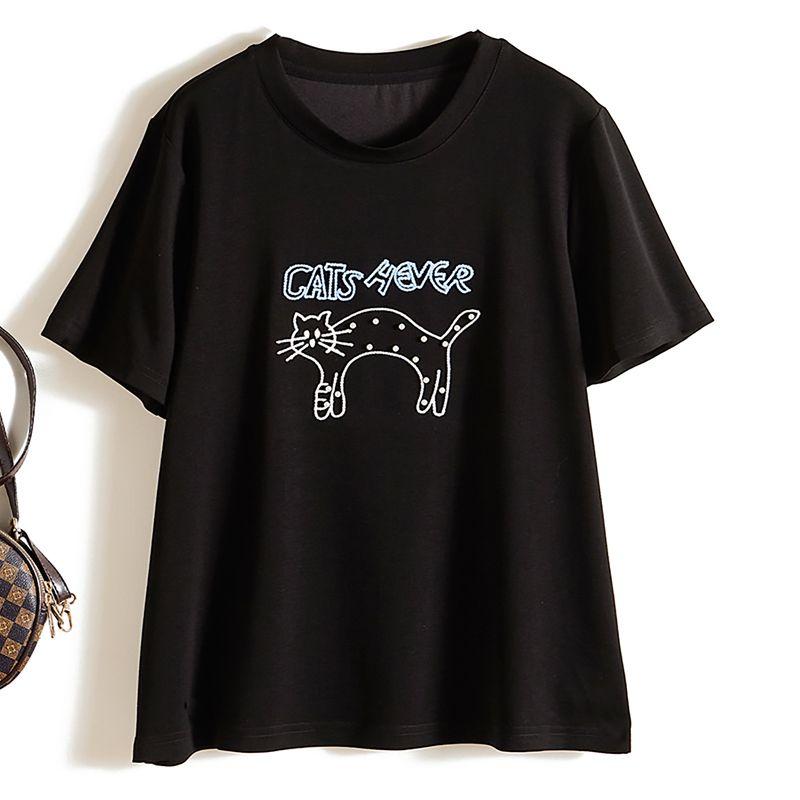 

Childlike Sense Anti-Aging Top! Women s Embroidered Beaded Meow Short-Sleeved Composite Cotton Breathable T-shirt Summer Old Pink Forced Black L