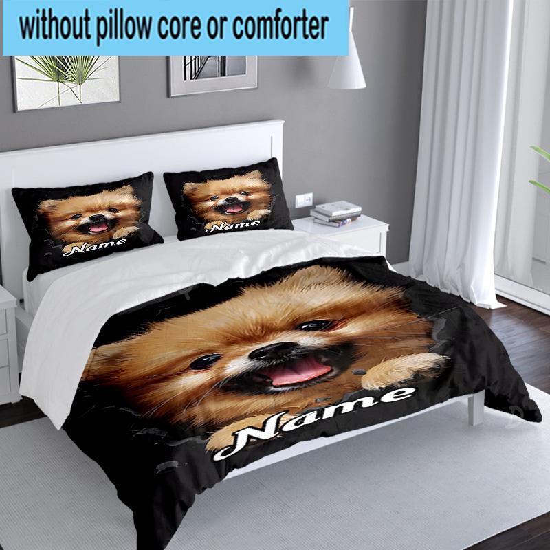 Custom Name 3PCS Pomeranian Through Hole. Bedding Set Including 1pc Duvet Cover And 2pcs Pillowcases for Bedroom, Dormitory Gift Home Decor