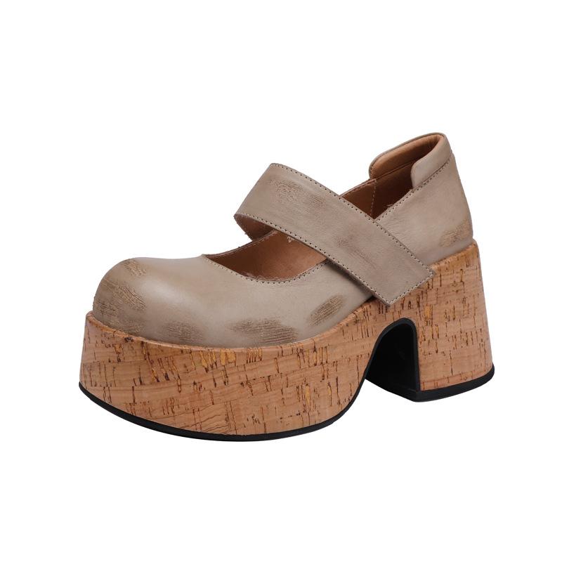 Johnature Zapatos de plataforma de mujer de moda versátiles poco profundos con punta redonda y tacones gruesos de cuero genuino retro