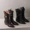 Fashion Retro Brown Pu Western Cowboy Boots Women 2025 Winter Sexy Pointed Toe Thick Heel Black Ankle Boots Designer Y2K Shoes Plus Size