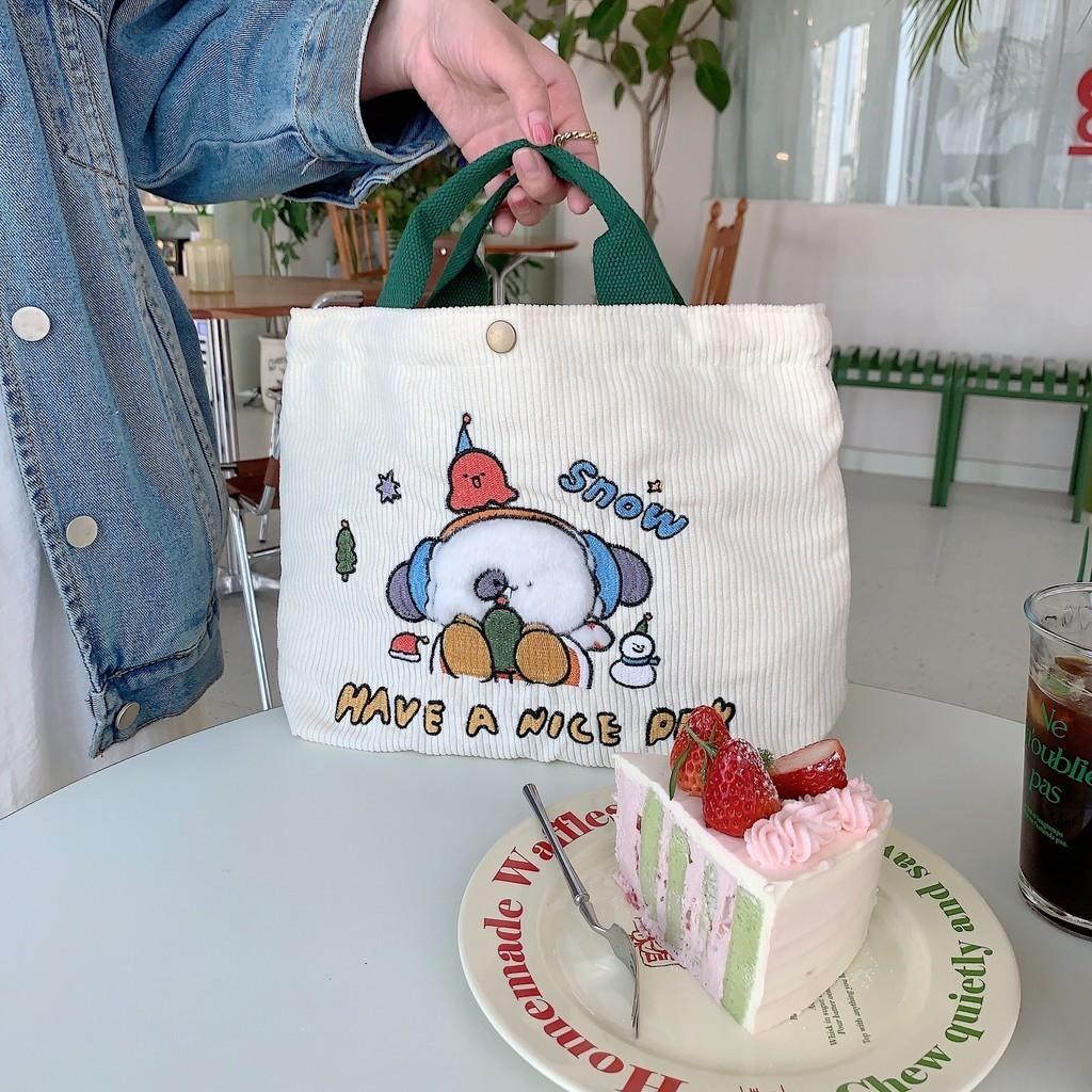 Spacious Corduroy Handbag With Cute Cartoon Embroidery Ideal For Everyday Use