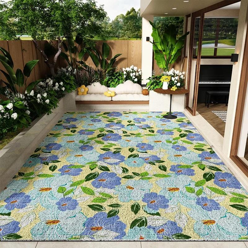 Balcony Floor Mats Non-slip Waterproof Sun-proof Carpet Flower Pattern Garden Courtyard Terrace Rug Large Size Home Decor Mats