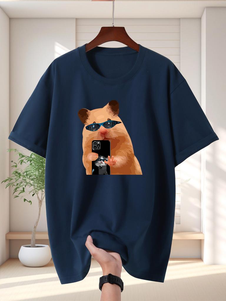 Selfie Hamster Print Unisexs Crew Neck T Shirt Cool Sunglasses Pet Cartoon Graphic Short Sleeve Casual Cotton Trendy Street Tees