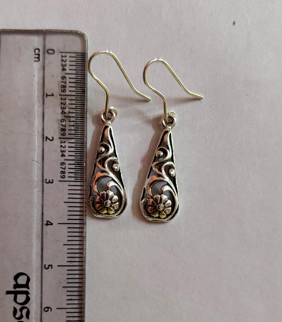 925 Sterling Silver Oxidized Danglers Earrings JHUMKA, Long Linear Earring, Cutwork FREE SHIP, 3.00 gm