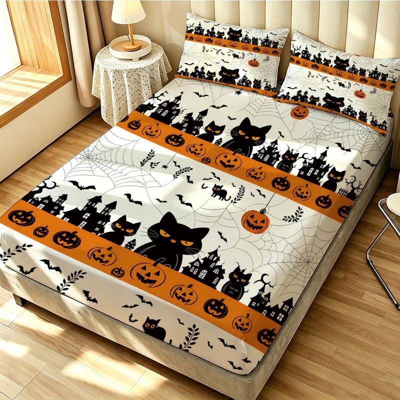 Halloween Spider Web Black Cat Pumpkin Fitted Sheet 3PCS Set Spooky Bedding Set 1 Fitted Sheet + 2 Pillowcases