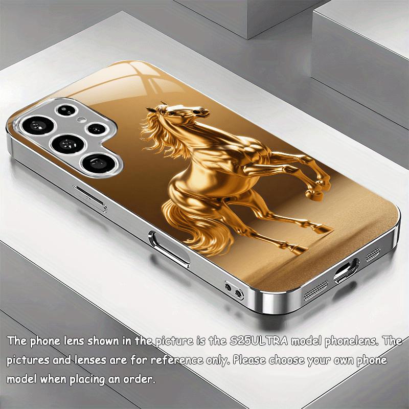 Goldenes galoppierendes Pferd Muster Glas Handyhülle für Galaxy S26 S25 S24 S23 S22 S21 S20 FE Ultra Plus 5G sturzsichere Rückabdeckung