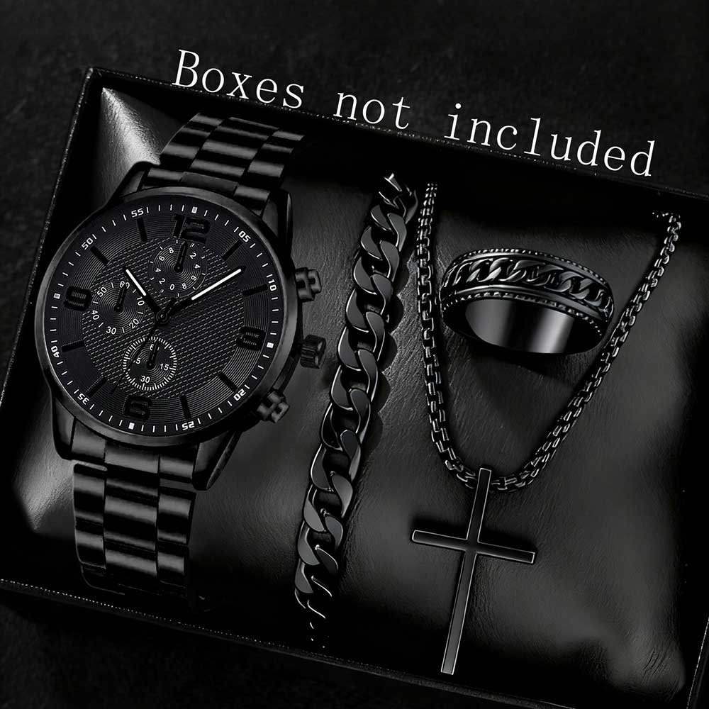 2/4PCS Black Men Watch Set Fashion Classic Three Eye Quartz Watch Jewelry Set Suitable for Daily Clothing Matching Perfect Gift
