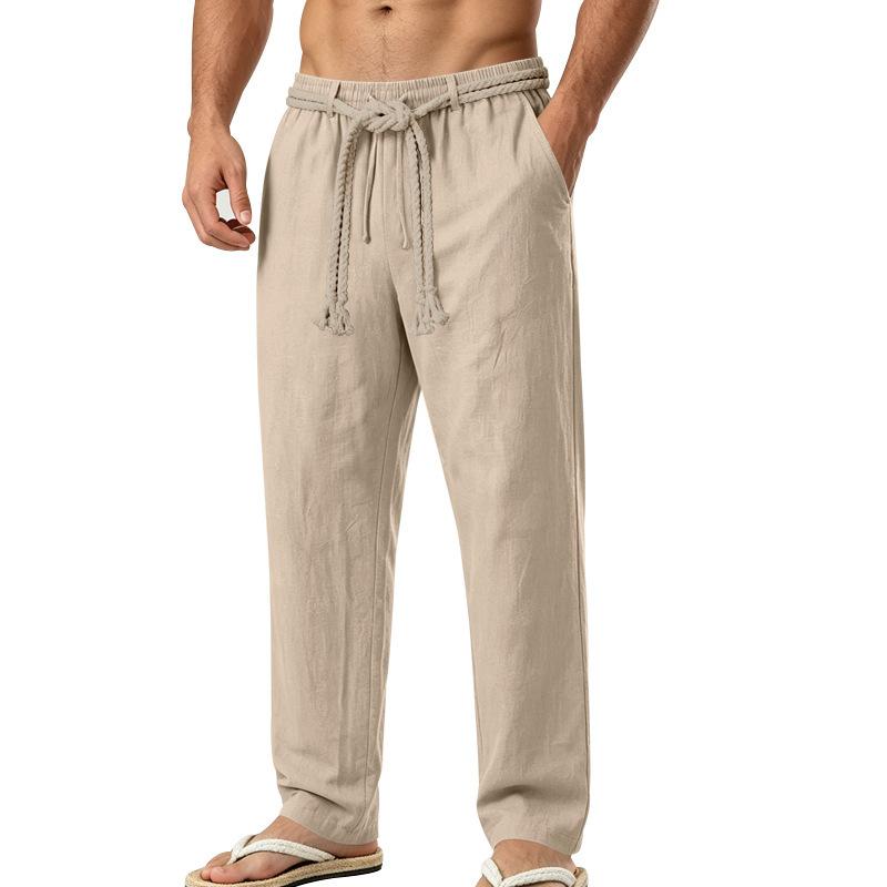 New Men’s Casual Linen Hawaiian-style Holiday and Commuter Trousers: Breathable, Drawstring, Straight-leg, Cotton-linen Blend