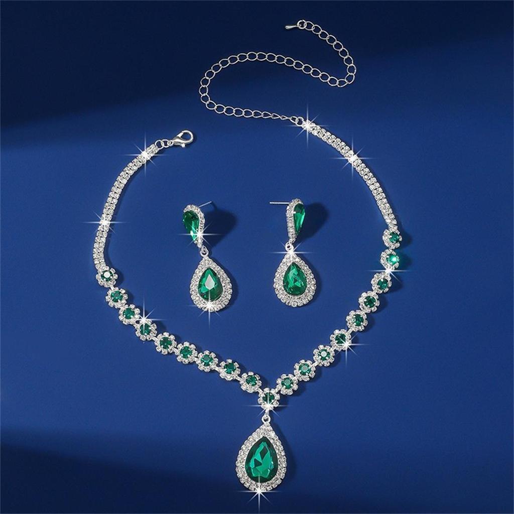 Colorful Crystal Water Drop Necklace & Earring Set for Women - Wedding & Party Jewelry (3 Pcs)