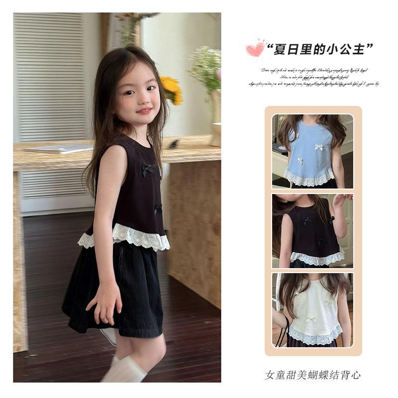 Girls Summer Sweet Bow Tie Splice Lace Sleeveless Crop Vest T Shirt Top