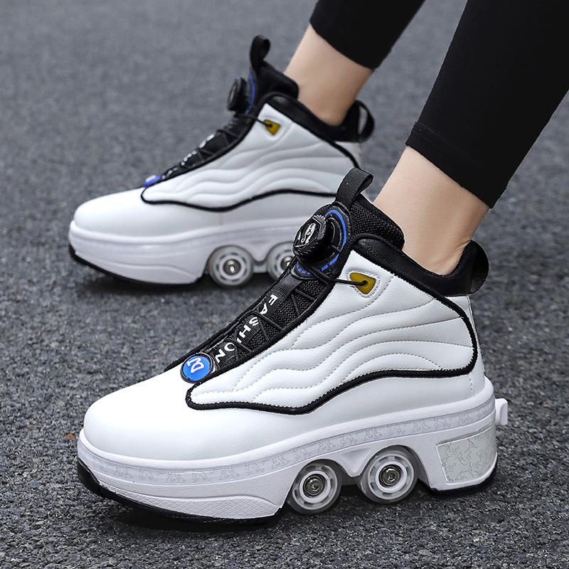 Rullskor Stora fyrhjuliga Pojkar och Flickor Dubbelradiga Rullskridskor Kvinnliga Studenter Ettklicks Automatisk Indragning Deformationshjulsskor