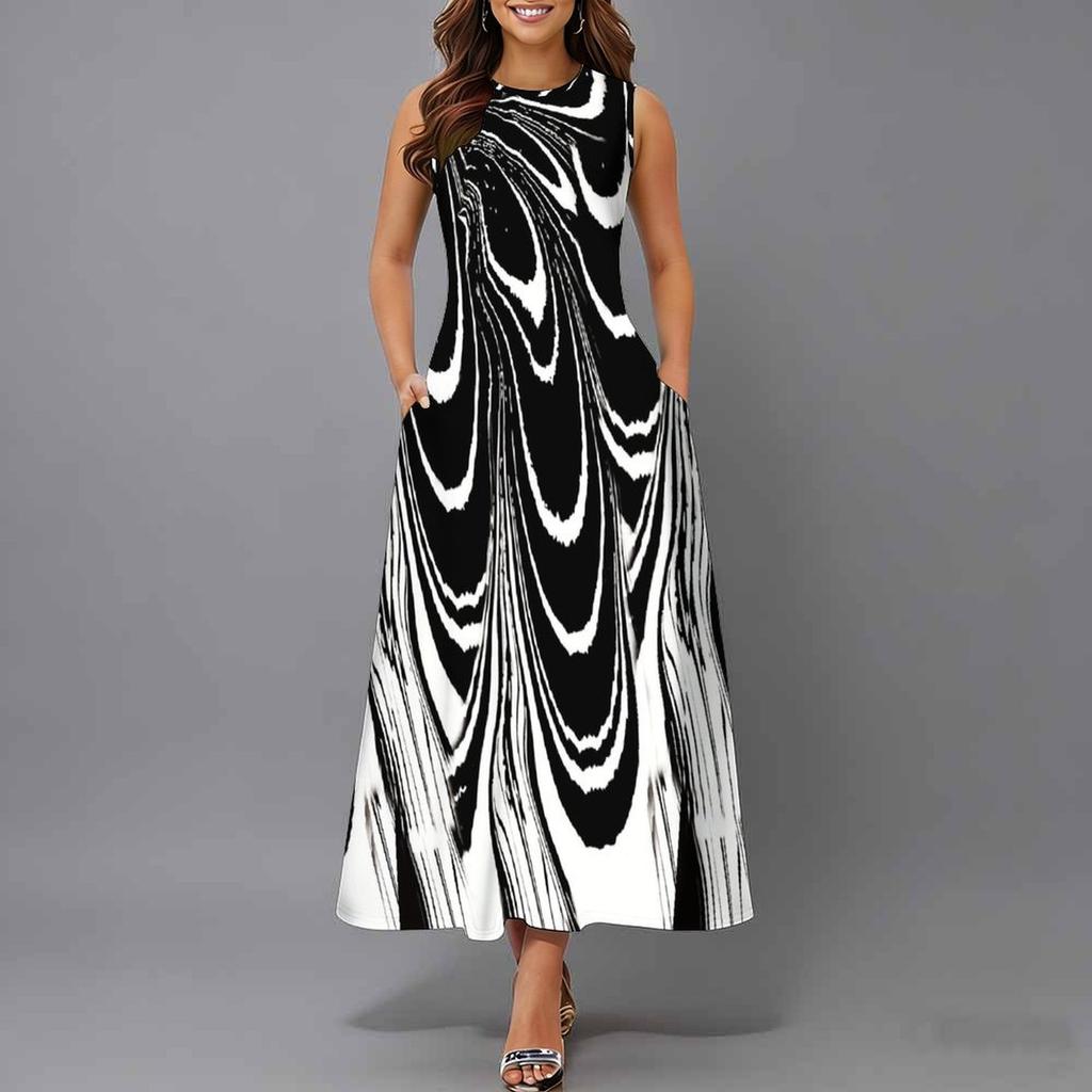 Ladies Oversized Sleeveless Round Neck Dress Vibrant Large Bouquet Floral Loose Midi Gown