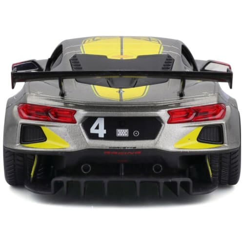 Bburago 1/24 scale diecast model of the 2020 Le Mans race car, Chevrolet Corvette C8R #4, gray. This 1:24 scale diecast model is a finished product of