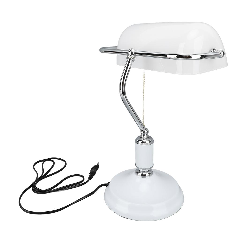 Bankers Table Lamp White Glass Vintage Style Desk Lamp with Retro Pull Chain Switch Reading Table